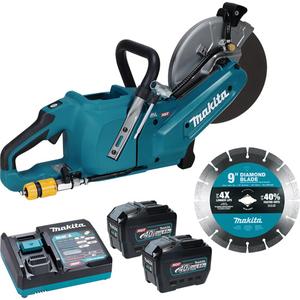 40Vmax XGT Brushless Power Cutter with 8.0Ah Batteries Kit - 40 V, 9", Lithium-Ion, 6600, (2) 40V Max 8.0Ah Li-Ion Battery BL4080F BL4080F; (1) Rapid Charger DC40RA; (1) 9" Abrasive Wheel E-03012; (1) 9" Diamond Wheel E-02515; (1) Coupling Sleeve 123120-4; (1) Hose 122G28-1; (1) Wrench Holder 122G62-1; (1) Box Wrench 13-19 782039-2