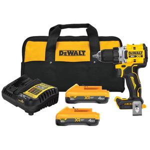 MAX* XR® Brushless Cordless Drill/Driver Kit - 20 V, 1/2", Lithium-Ion, 0-2000/0-650, (1) DCD801 20V MAX* XR® Brushless Cordless 1/2 in. Drill/Driver; (2) DCB2104 DEWALT POWERPACK™ 4Ah Batteries; (1) Charger; (1) Belt Hook; (1) Kit Bag