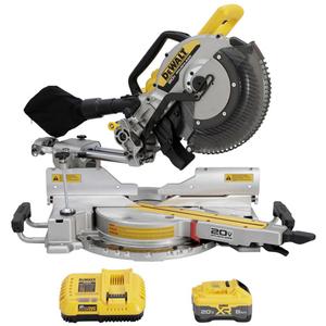 20V MAX* XR®  Double Bevel Sliding Miter Saw Kit - 20 V, 12", Lithium-Ion, (1) DCS785 20V MAX* XR® 12 in. Double Bevel Sliding Miter Saw; (1) DCB2108 Battery; (1) Charger; (1) 12 in. 60T Blade; (1) Stabilizer Bar; (1) Dust Bag; (1) Non-Airlock Vacuum Adapter; (1) Blade Wrench; (2) Base Extensions; (1) Material Clamp