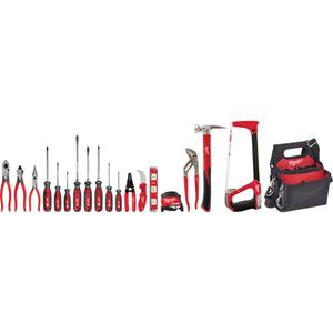 Electrical Apprentice Hand Tool Kit - 19, (1) 9" Lineman's Pliers (MT500); (1) 8" Diagonal Cutting Pliers (MT508); (1) 8" Long Nose Pliers (MT505); (1) #1 PH 3" Cushion Grip Screwdriver (MT201); (1) #2 PH 4" Cushion Grip Screwdriver (MT202); (1) #3 PH 6" Cushion Grip Screwdriver (MT203); (1) 5/16" SL 6" Cushion Grip Screwdriver (MT207); (1) 3/8" SL 8" Cushion Grip Screwdriver (MT209); (1) #1 Cushion Grip Screwdriver (MT217); (1) #2 SQ 4" Cushion Grip Screwdriver (MT218); (1) #3 SQ 6"Cushion Grip Screwdriver (MT219); (1) Compact Dipped Gripped Wire Stripper & Cutter (48-22-3043); (1) 10-inch Straight Jaw Pliers (48-22-6510); (1) 8m/26ft Compact Wide Blade Magnetic Tape Measure (48-22-1026M); (1) 19oz Smooth Face Poly/Fiberglass Hammer (48-22-9316); (1) 12" High-Tension Hacksaw (48-22-0050); (1) FASTBACK™ Hawk Bill Folding Knife (48-22-1985); (1) 10" Torpedo Level (48-22-5107); (1) Electricians Work Pouch w/ Quick Adjust Belt (48-22-8112​)