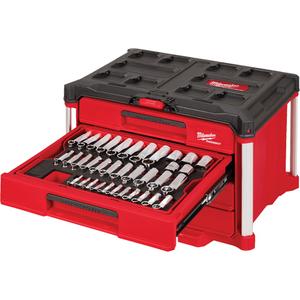 242-Piece 1/4”, 3/8” & 1/2” Drive Metric & SAE Ratchet & Socket Set with PACKOUT™ 4-Drawer Tool Box - Red/Black, 16-3/10", 22-1/5", 14-3/10", (46) 1/4" Drive 6 Point Standard & Deep Well Sockets; (54) 3/8" Drive 6 Point Standard & Deep Well Sockets; (44) 1/2" Drive 6 Point Standard & Deep Well Sockets; (27) 3/8" Drive Impact Sockets; (48) 1/4" & 3/8" Drive Bit Sockets; (15) 1/4"