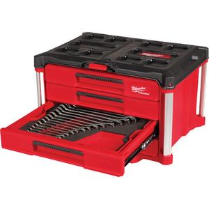 60-Piece Metric & SAE Combination Wrench Set with PACKOUT™ 4 Drawer Tool Box - Red/Black, 16-3/10", 22-1/5", 14-3/10", 15-Piece Metric Combination Wrench Set with Tray for PACKOUT™ Drawers 48-22-0154; 15-Piece SAE Combination Wrench Set with Tray for PACKOUT™ Drawers; 15-Piece Metric Ratcheting Combination Wrench Set with Tray for PACKOUT™ Drawers; 15-Piece SAE Ratcheting Combination Wrench Set with Tray for PACKOUT™ Drawers; PACKOUT™ 4-Drawer Tool Box