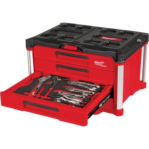 64-Piece Hand Tool Set with PACKOUT™ 4 Drawer Tool Box - Red/Black, 16-3/10", 22-1/5", 14-3/10", (1) 17-Piece Screwdriver & Pry Bar Set with Tray for PACKOUT™ Drawers 48-22-0158; (1) 10-Piece Pliers & Pick Set with Tray for PACKOUT™ Drawers 48-22-0159; (1) 9-Piece Pliers & Wrench Set with Tray for PACKOUT™ Drawers 48-22-0160; (1) 28-Piece Hex Key & Hammer Set with Tray for PACKOUT™ Drawers 48-22-0161