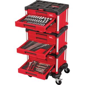 366-Piece Master Mechanics Hand Tool Set with PACKOUT™ Drawers & Dolly - Red/Black, 16-3/10", 22-1/5", 48-5/8", (1) 242-Piece 1/4”, 3/8”, & 1/2” Drive Metric & SAE Ratchet & Socket Set with PACKOUT™ 4-Drawer Tool Box 48-22-9491; (1) 60-Piece Metric & SAE Combination Wrench Set with PACKOUT™ 4 Drawer Tool Box 48-22-9492; (1) 64-Piece Hand Tool Set with PACKOUT™ 4 Drawer Tool Box 48-22-9493; (1) PACKOUT™ Dolly 48-22-8410
