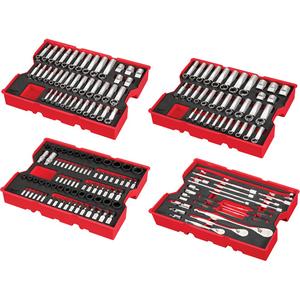 Metric & SAE Ratchet & Socket Set with Trays for PACKOUT™ Drawers - 1/4"/1/2"/3/8", Impact/Hand/Standard, Deep/Standard, 242, (46) 1/4" Drive 6 Point Standard & Deep Well Sockets; (54) 3/8" Drive 6 Point Standard & Deep Well Sockets; (44) 1/2" Drive 6 Point Standard & Deep Well Sockets; (27) 3/8" Drive Impact Sockets; (48) 1/4" & 3/8" Drive Bit Sockets; (15) 1/4"