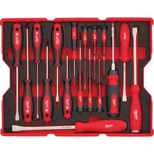 Screwdriver & Pry Bar Set with Tray for PACKOUT™ Drawers - 17, Magnetic, (1) 8" Pry Bar 45-74-9208; (1) 12" Pry Bar 45-74-9212; (1) Demolition Driver 48-22-2859; (1) 6-Piece Screwdriver Kit 48-22-2706; (1) 4-in-1 Precision Multi-Bit Screwdriver 48-22-2930; (1) 6-Piece TORX® Precision Screwdriver Set with Case 48-22-2610; (1) 14in1 Multi-Bit Screwdriver 48-22-2900; (1) PACKOUT™ Storage Tray