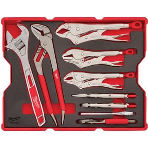 Pliers & Wrench Set with Tray for PACKOUT™ Drawers - 9, (1) 12" Comfort Grip Straight-Jaw Pliers 48-22-6312; (1) 5-Piece TORQUE LOCK™ Locking Pliers Kit 48-22-3695; (1) 6" Comfort Grip Straight-Jaw Pliers 48-22-6306; (1) 6" Adjustable Wrench 48-22-7406; (1) 12" Adjustable Wrench 48-22-7412; (1) PACKOUT™ Storage Tray
