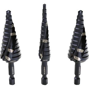 Step Drill Bit Set - 3, High Speed Steel, 1/4" Hex, 0.5'' to 0.88'' (1.3 to 2.2 cm), 1/8'' to 1/2'' (0.3 to 1.2 cm); 3/16'' to 7/8'' (0.4 to 2.2 cm)