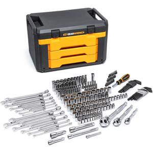 Mechanics Tool Set in 3 Drawer Storage Box - 219, Full Lifetime, 1/4" Standard: 5/32", 3/16", 7/32", 1/4", 9/32", 5/16", 11/32", 3/8", 7/16", 1/2", 9/16", 4mm, 5mm, 6mm, 7mm, 8mm, 9mm, 10mm, 11mm, 12mm
