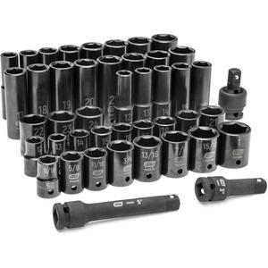6 Point SAE/Metric Socket Set - 1/2", Impact, Deep/Standard, 44, Full Lifetime, 1/2" Drive Impact Universal Joint; 1/2" Drive Impact Extension 3"; 1/2" Drive Impact Extension 5"; 1/2" Drive 6 Point Deep Impact Metric Sockets: 12mm