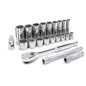 12 Point SAE Mechanics Tool Set - 3/8", Hand/Standard, Deep/Standard, 22, Full Lifetime, Standard Sockets: 3/8", 7/16", 1/2", 9/16", 5/8", 11/16", 3/4", 13/16", 7/8",; Deep Sockets: 3/8", 7/16", 1/2", 9/16"