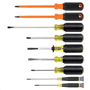Electrician Screwdriver Set - 9 Pcs., Non Magnetic, #0, #1, #2 Phillips; 1/8'', 3/16'', 1/4'' Slotted; 1/4'' Slotted Bit Holding Driver; #2 Phillips & #2 Square Insulated Drivers, 3'' to 6'' (7.6 to 15.2 cm)