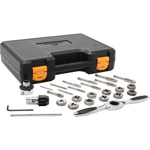 Metric Ratcheting Tap & Die Set - 27, Range of Common Metric Sizes; Medium Ratcheting T-Wrench; Medium Tap Adapter; Medium Hex Die Adapter; Blow Molded Case