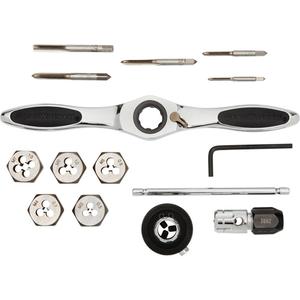 Metric Ratcheting Tap & Die Set - 15, Range of Common Metric Sizes; Medium Ratcheting T-Wrench; Small Tap Adapter; Medium Hex Die Adapter; Injection Molded Case