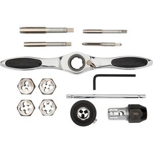 SAE Ratcheting Tap & Die Set - 13, Range of Common SAE Sizes; Medium Ratcheting T-Wrench; Medium Tap Adapter; Medium Hex Die Adapter; Injection Molded Case