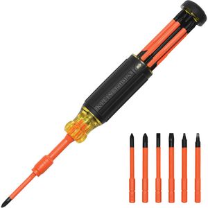 6-in-1 Insulated Auto-Lock Screwdriver - 010-LXDC065 - Cushion Grip, 9-1/2", #1 Phillips Bit; #2 Phillips Bit; 3/16" Slotted Bit; 1/4" Slotted Bit; #1 Square Bit; #2 Square Bit; Cushion-Grip™ Handle