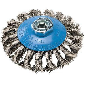 Knot-Twisted Wire Saucer Cup Brush - 6", 0.02", Stainless Steel/Aluminum, 5/8"-11, 12500