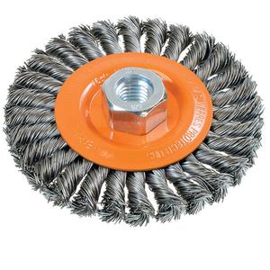 Wide Knotted Wire Wheel Brush - 4-1/2", 3/8", 0.02", Steel, 5/8"-11, 15000