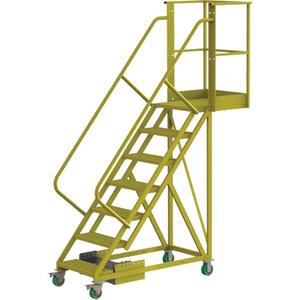 Cantilever Rolling Ladder - Steel, Unsupported, 7, 20", 70", Serrated, 24", 81", 71", 30", Yellow powder coat finish