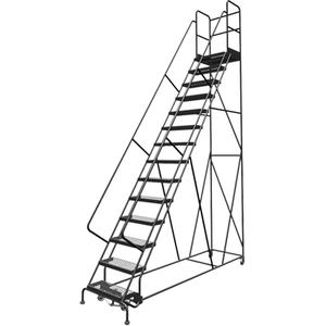 Deep Top Step Rolling Ladder - 14, 140", 20", 24", Steel, Serrated, 24", 114", 39", Yes