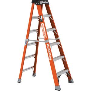 Step Ladder - 6', Fibreglass, 375 lbs., 24.5", 7.5"/40.75", 1AA, 1AA, 24.5" W x 40.75" D x 68.5" H (62.2 x 103.5 x 174 cm), 24.5" W x 7.5" D x 74" H (62.2 x 19.1 x 188 cm), 10' 6" (3.2 m)