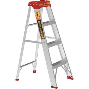 Step Ladder - 4', Aluminum, 200 lbs., 19.75", 6.5"/27.75", 3, 3, 19.75" W x 27.75" D x 46" H (50.2 x 70.5 x 116.8 cm), 19.75" W x 6.5" D x 49.5" H (50.2 x 16.5 x 125.7 cm), 8' 8" (2.6 m)