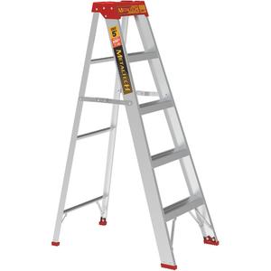 Step Ladder - 5', Aluminum, 200 lbs., 21.5", 6.5"/33.5", 3, 3, 21.5" W x 33.5" D x 57.25" H (54.6 x 85.1 x 145.4 cm), 21.5" W x 6.5" D x 61.5" H (54.6 x 16.5 x 156.2 cm), 9' 7" (2.9 m)