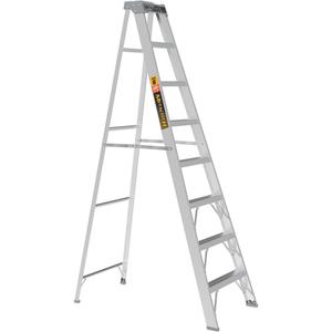 Step Ladder - 8', Aluminum, 225 lbs., 26.25", 6.5"/50.5", 2, 2, 26.25" W x 50.5" D x 91.5" H (66.7 x 128.3 x 232.4 cm), 26.25" W x 6.5" D x 97.5" H (66.7 x 16.5 x 247.7 cm), 12' 5" (3.8 m)