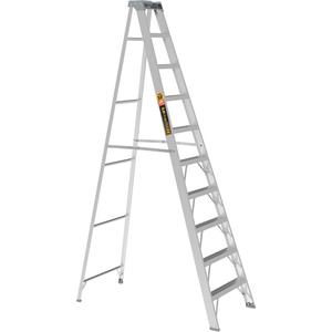 Step Ladder - 10', Aluminum, 225 lbs., 29.75", 6.5"/62", 2, 2, 29.75" W x 62" D x 114.25" H (75.6 x 157.5 x 290.2 cm), 29.75" W x 6.5" D x 121.5" H (75.6 x 16.5 x 308.6 cm), 14' 4" (4.4 m)