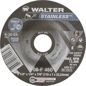 Stainless Steel Depressed Centre Grinding Wheels - 4-1/2", 5", 6", 7", 1/4", 7/8", 13300, 27, A-30-SS