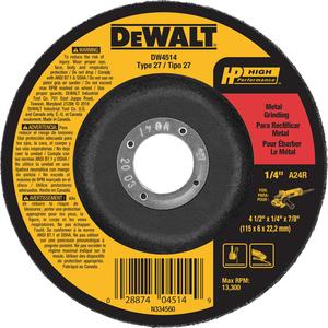 High Performance Metal Grinding Wheel - 4-1/2", 1/4", 7/8", 13300, 27, Aluminum Oxide, Ferrous Metal