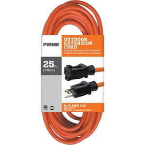 Vinyl Extension Cord - Outdoor, 25', 50', 14/3, 15 A, Orange, 125 V, 1874 W, 1, SJTW, '-40°C (-40°F), 60°C (140°F)