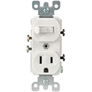 Combination Single-Pole Switch & Grounding Receptacle - White, 120 V, 15, AC