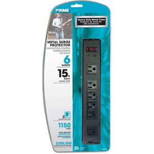 Surge Protector - 6, 15', 1150 J, 15 Amps, 1875 W, 125 V, 1150, 6, 14/3, Black