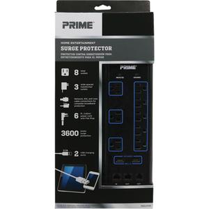 USB Charging Surge Protectors - 8, 6', 3600 J, 15 Amps, 1875 W, 125 V, 2, ABS Plastic, Black, Right Angle