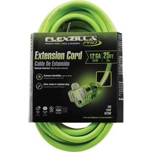 Flexzilla® Pro Industrial Extension Cord - All-Weather, 25', 50', 100', 12/3, 15 A, Neon Green, 125 V, 1875 W, 1, SJTW, '-50°C (-58°F), 75°C (167°F), SJTW