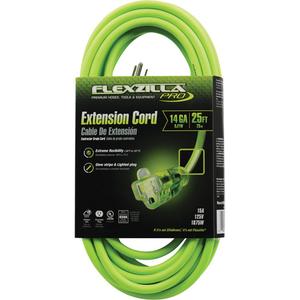 Flexzilla® Pro Industrial Extension Cord - All-Weather, 25', 50', 100', 14/3, 15 A, Neon Green, 125 V, 1875 W, 1, SJTW, '-50°C (-58°F), 75°C (167°F), SJTW