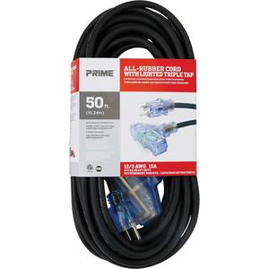 All-Rubber™ Extension Cord - Outdoor, 50', 12/3, 15 A, Black, 125 V, 1875 W, 3, SJOOW, '-40°C (-40°F), 105°C (221°F), SJOOW