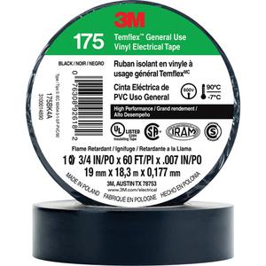 Temflex™ General Use Vinyl Electrical Tape 175 - 19 mm (3/4"), 18 M (60'), 7 mils, Black, 200%, 194°F (90°C), 19°F (-7°C), 1825 Days