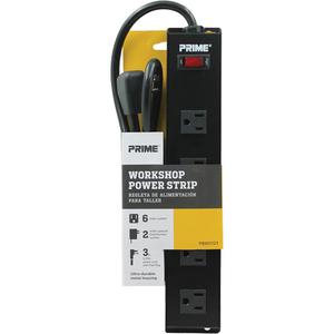 Metal Workshop Power Strip - 6, 3', 15 A, 1875 W, 125 V, Black, 14/3, SJT, Right Angle