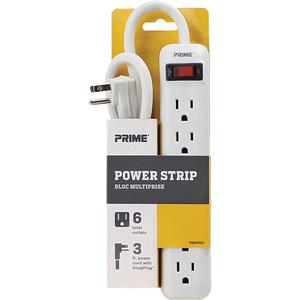Power Strip - 6, 3', 15 A, 1875 W, 125 V, White, Grey, 14/3, SJT, Right Angle