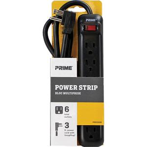 Power Strip - 6, 3', 15 A, 1875 W, 125 V, Black, 14/3, SJT, Right Angle