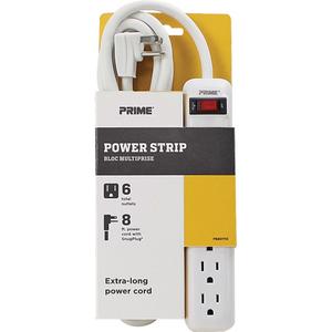 Power Strip - 6, 8', 15 A, 1875 W, 125 V, White, Grey, 14/3, SJT, Right Angle