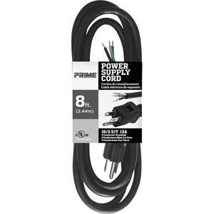 Replacement Brown Power Supply Cord - 8', 16/3, 13 A, 1625 W, 125 V, Black, 3, SJT, Grounded, Tinned, Stripped