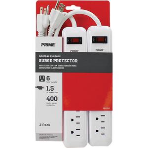 Surge Protector 2-Pack - 6, 1.5', 400 J, 15 A, 1875 W, 125 V, White, Grey, 14/3, SJT, Grounded
