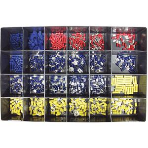 600-Piece Vinyl Insulated Terminals Kit - Assorted, RoHS, (25) 16-14 .157 Receptacles; (25) 18-14 Tap Connectors; (25) 22-18 Butts; (25) 22-18 #10 Rings; (25) 22-18 .250 Females; (25) 22-18 .250 Males; (25) 16-14 Butts; (25) 16-14 #8 Rings; (25) 16-14 #10 Rings; (25) 16-14 1/4" Rings; (25) 16-14 5/16" Rings; (25) 16-14 #10 Spades; (25) 16-14 .250 Females; (25) 16-14 .250 Males; (25) 16-14 .157 Bullets; (25) 16-14 .250 Males; (25) 16-14 .250 Females; (25) 12-10 Butts; (25) 12-10 #10 Rings; (25) 12-10 1/4" Rings; (25) 12-10 5/16" Rings; (25) 12-10 3/8" Rings; (25) 12-10 .250 Females; (25) 12-10 .250 Males