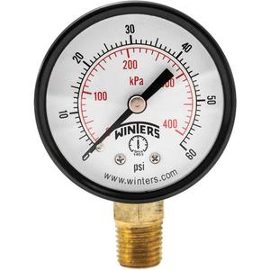 Economy Pressure Gauge - 2", 0 - 60 psi, Bottom Mount, Analogue, 1/4" NPT, ±3-2-3% ANSI/ASME Grade B, 5 Years, IP52