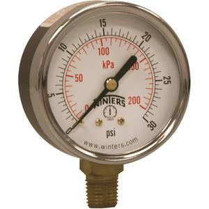 Economy Pressure Gauge - 2-1/2", 0 - 30 psi, Bottom Mount, Analogue, 1/4" NPT, ±3-2-3% ANSI/ASME Grade B, 5 Years, IP52